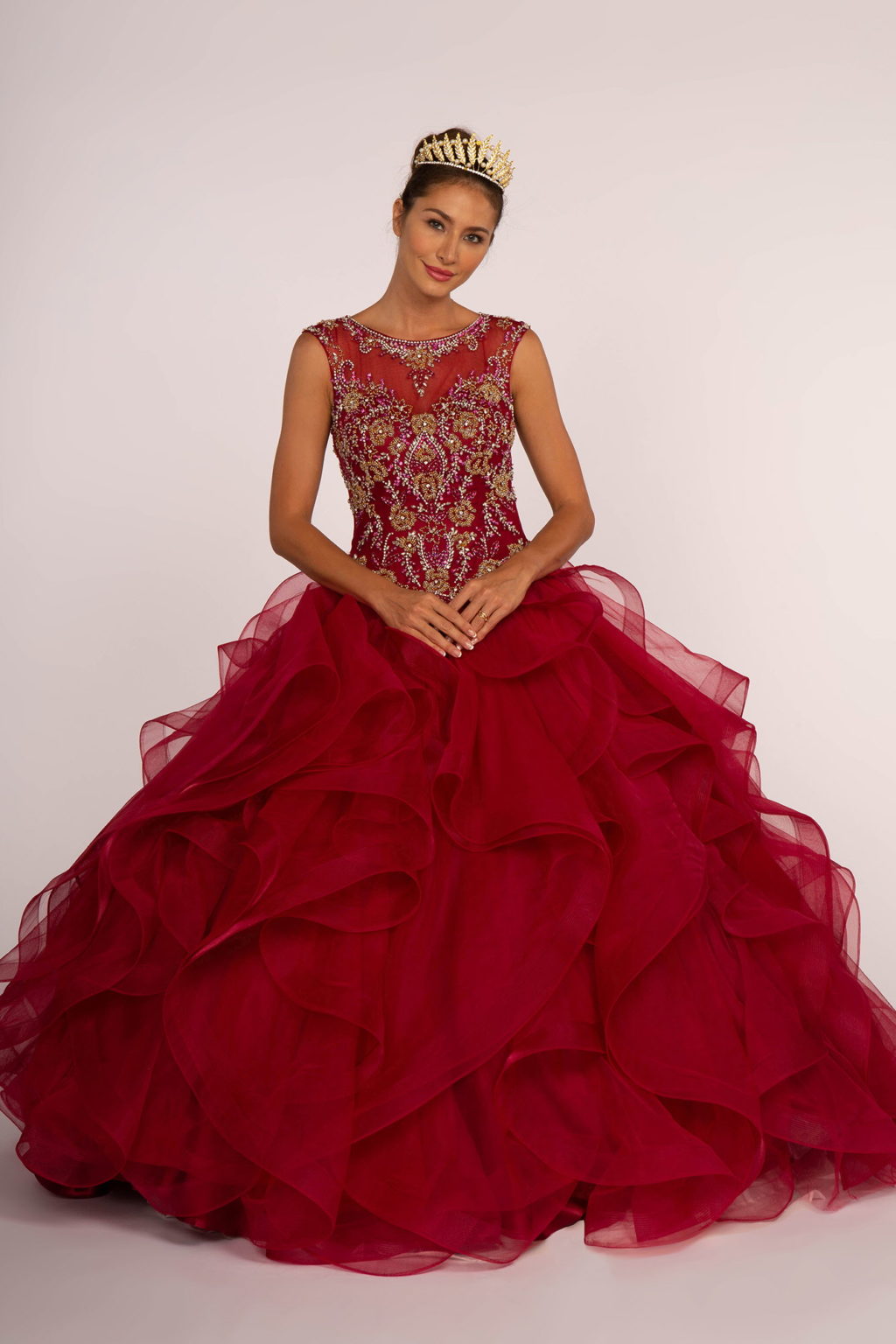 Beads Embellished Bodice Tulle Ball Gown w/ Multi-Layered Ruffle Skirt-1