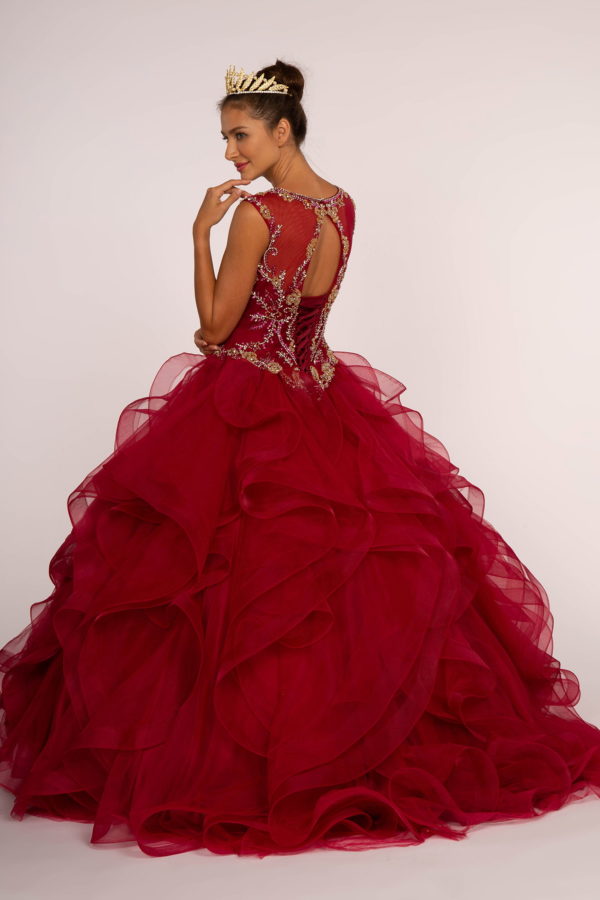Beads Embellished Bodice Tulle Ball Gown w/ Multi-Layered Ruffle Skirt-2