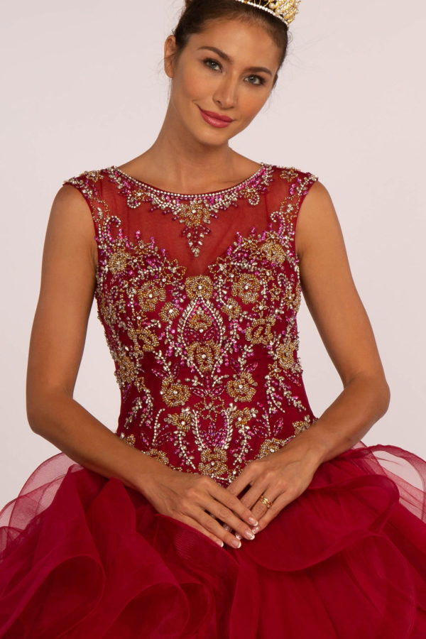 Beads Embellished Bodice Tulle Ball Gown w/ Multi-Layered Ruffle Skirt-3