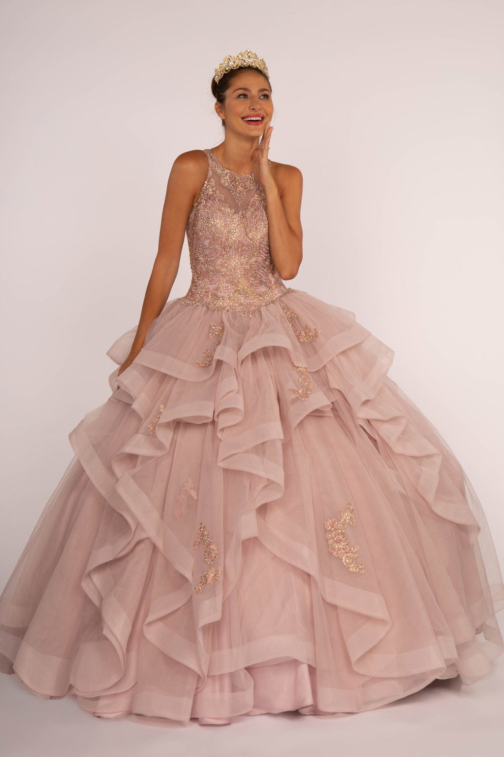 Full Embroidered Bodice w/ Rhinestones Multi-Layered Ruffle Skirt Ball Gown-1