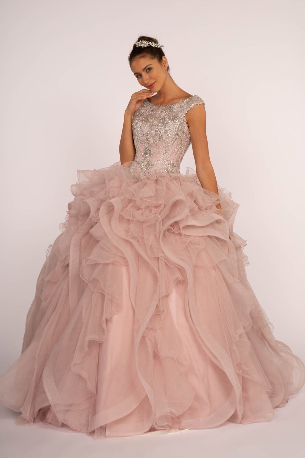 Beads and Sequin Embellished Bodice Boat Neck Ball Gown-1