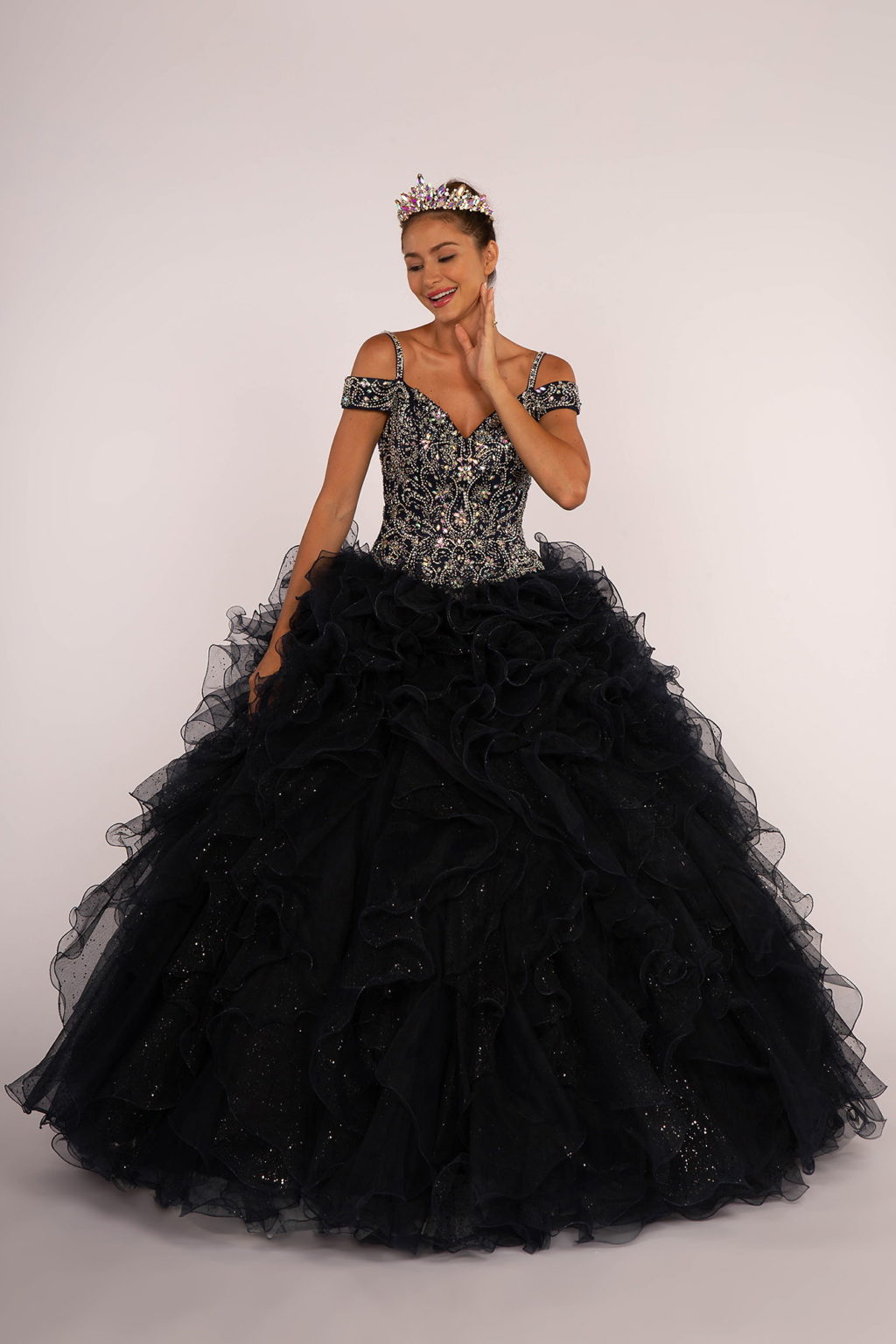 Jewel Embellished Cut-Away Shoulder Ruffle Skirt Quinceanera Dress-1