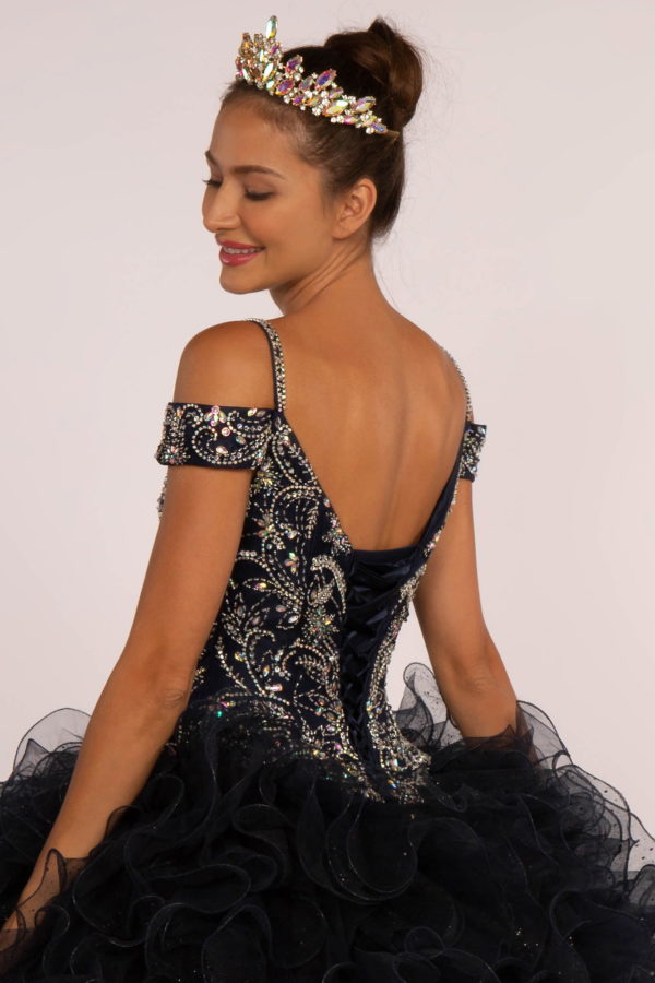 Jewel Embellished Cut-Away Shoulder Ruffle Skirt Quinceanera Dress-3
