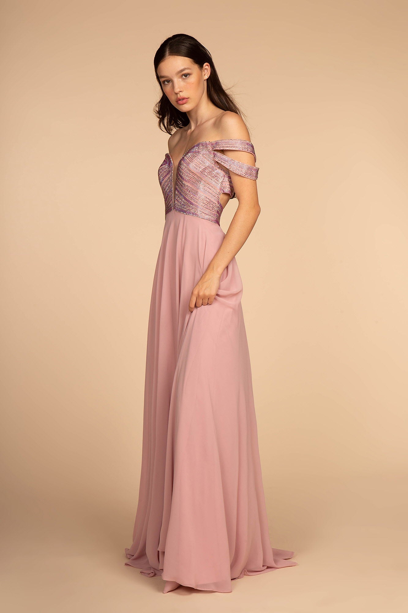 Jewel Embellished Bodice Illusion Deep V-Neck Chiffon Long Dress-4
