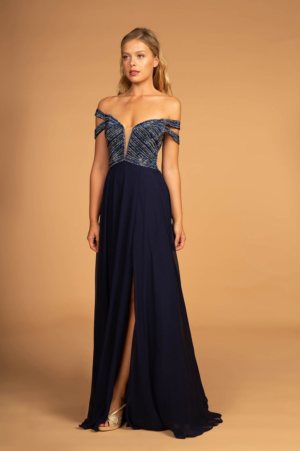 Jewel Embellished Bodice Illusion Deep V-Neck Chiffon Long Dress-0