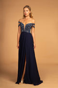 Jewel Embellished Bodice Illusion Deep V-Neck Chiffon Long Dress-0