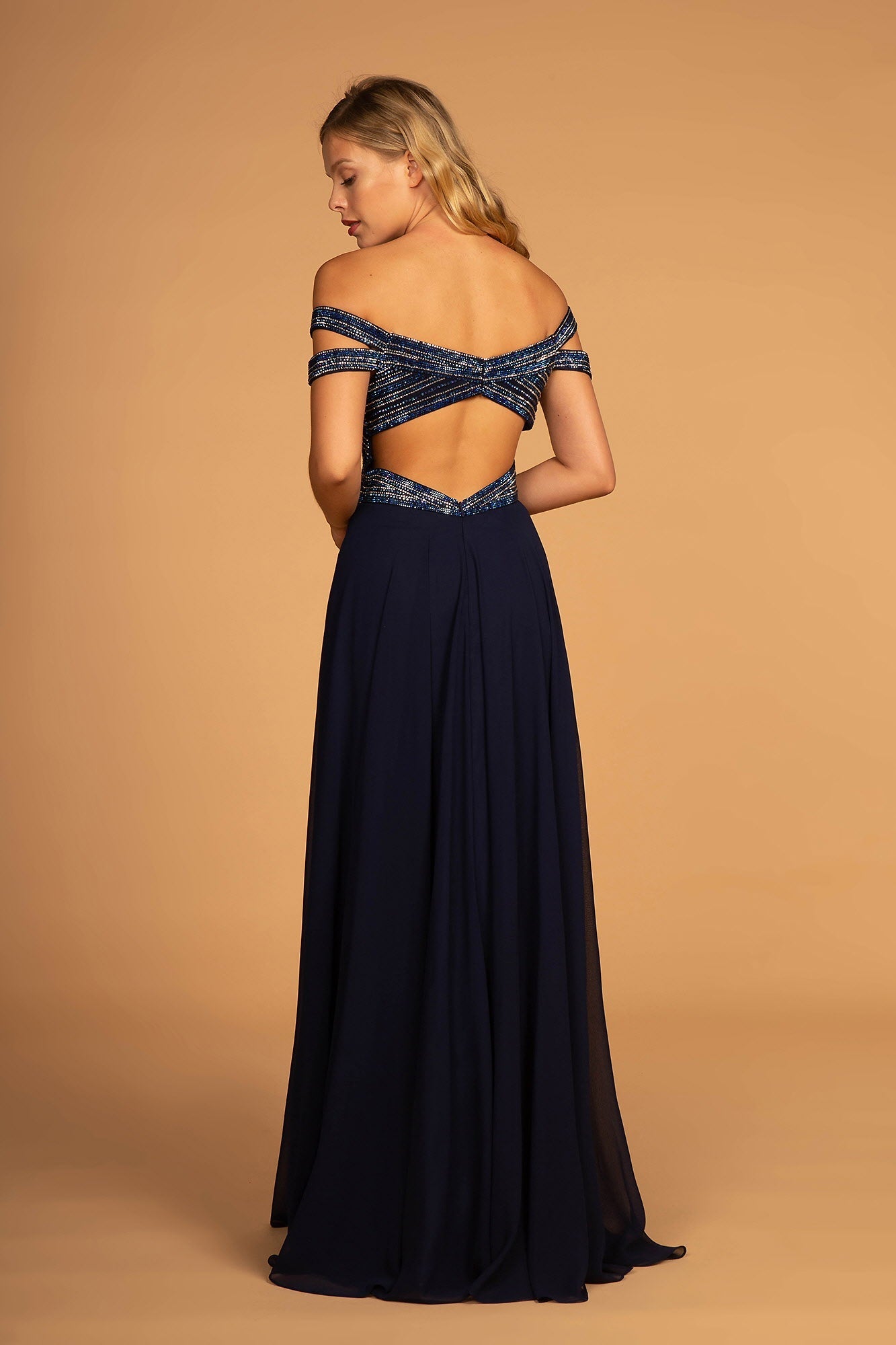 Jewel Embellished Bodice Illusion Deep V-Neck Chiffon Long Dress-1