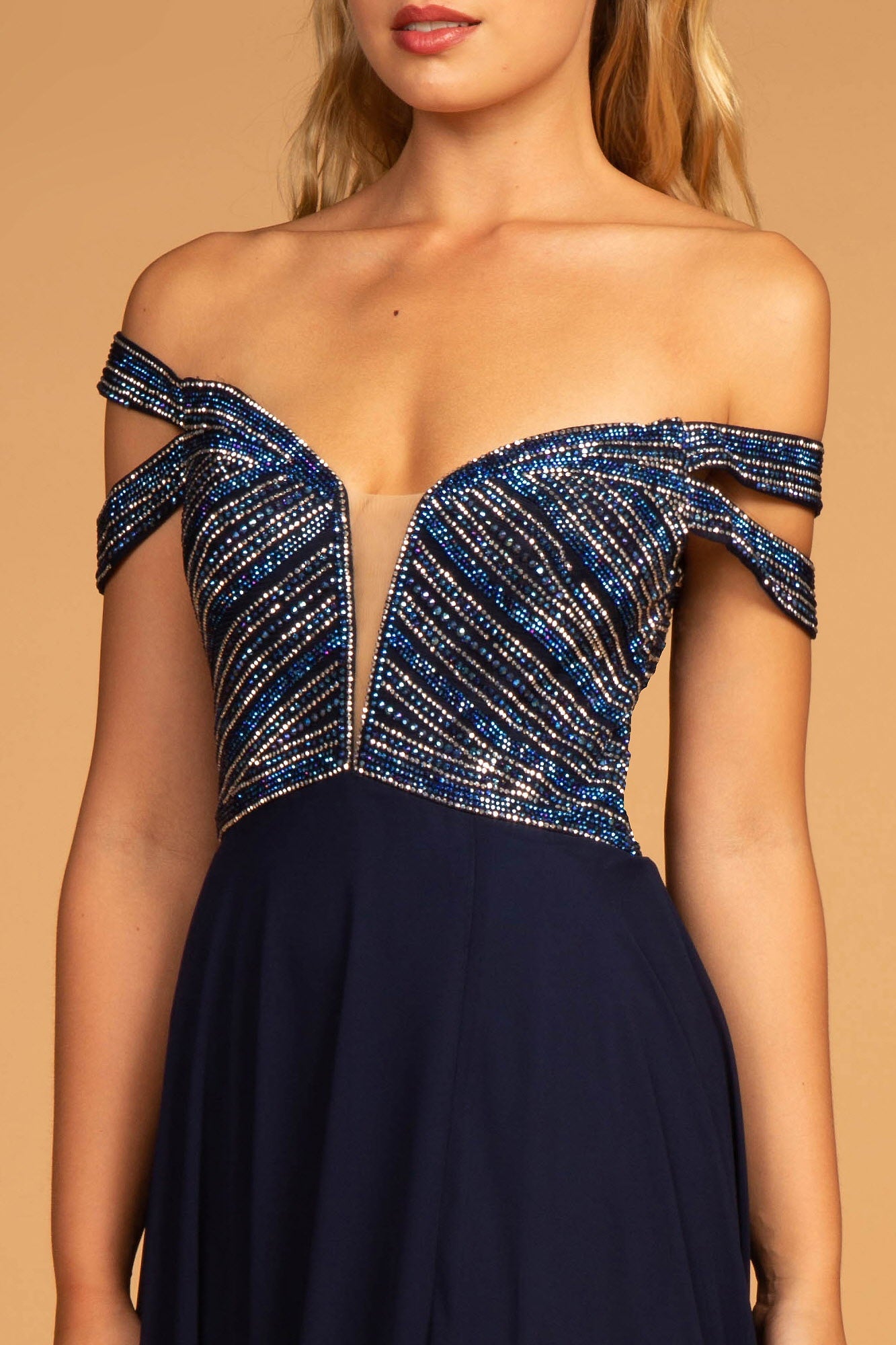 Jewel Embellished Bodice Illusion Deep V-Neck Chiffon Long Dress-2