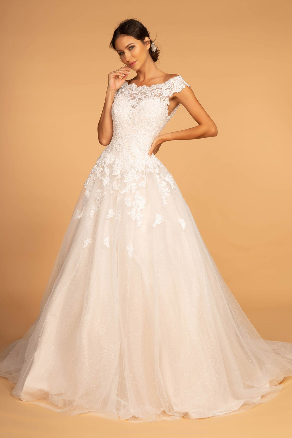 Boat-Neck Embroidered Mesh A-Line Wedding Gown-1