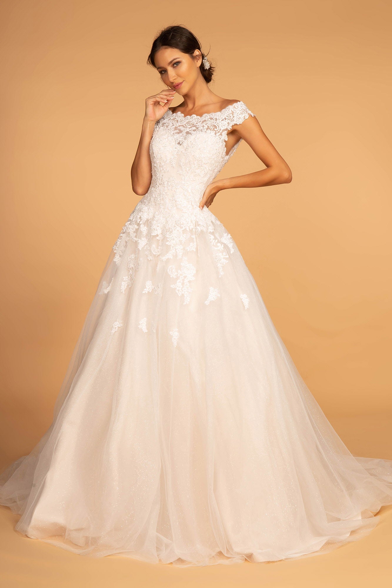 Boat-Neck Embroidered Mesh A-Line Wedding Gown-1