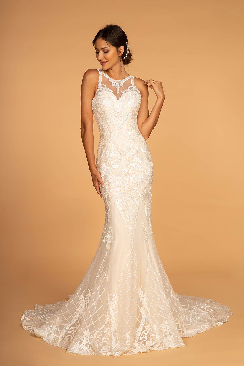 Cut-Out Back Embroidered Mesh Mermaid Wedding Gown-1