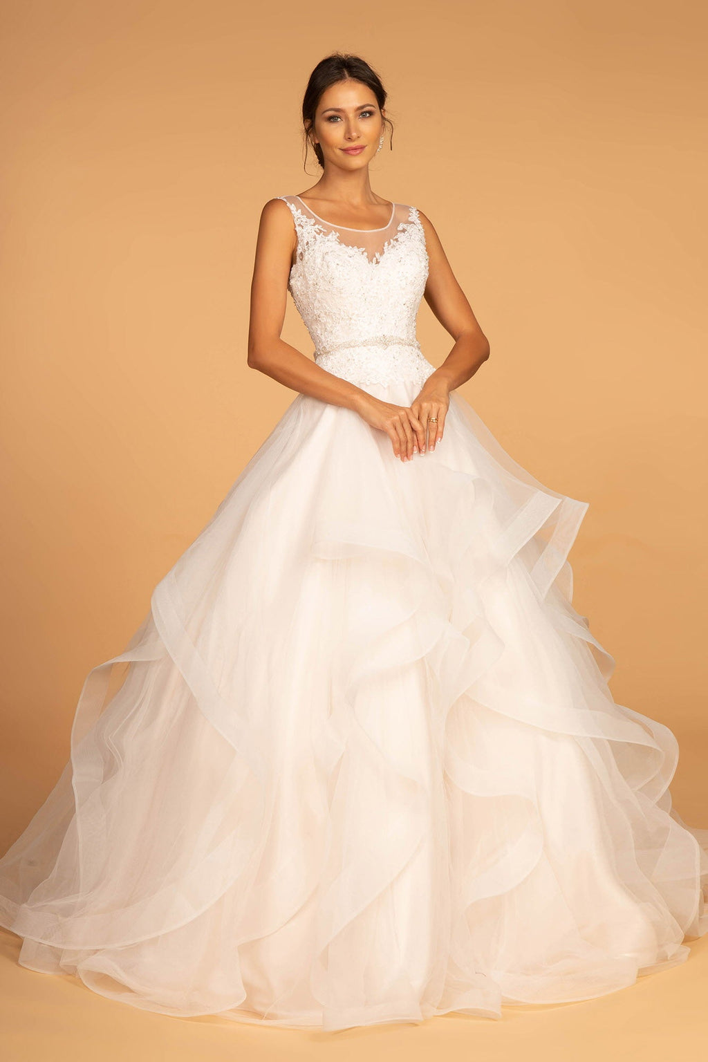 Embroidered Bodice Layered Hem Tulle Wedding Gown-1