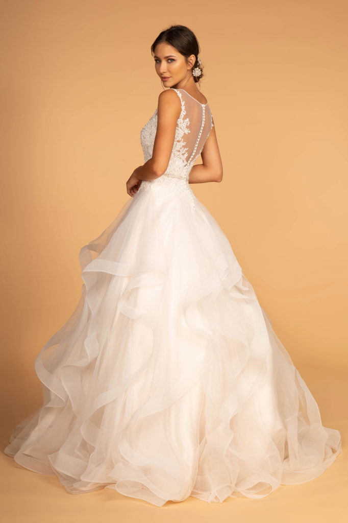 Embroidered Bodice Layered Hem Tulle Wedding Gown-2