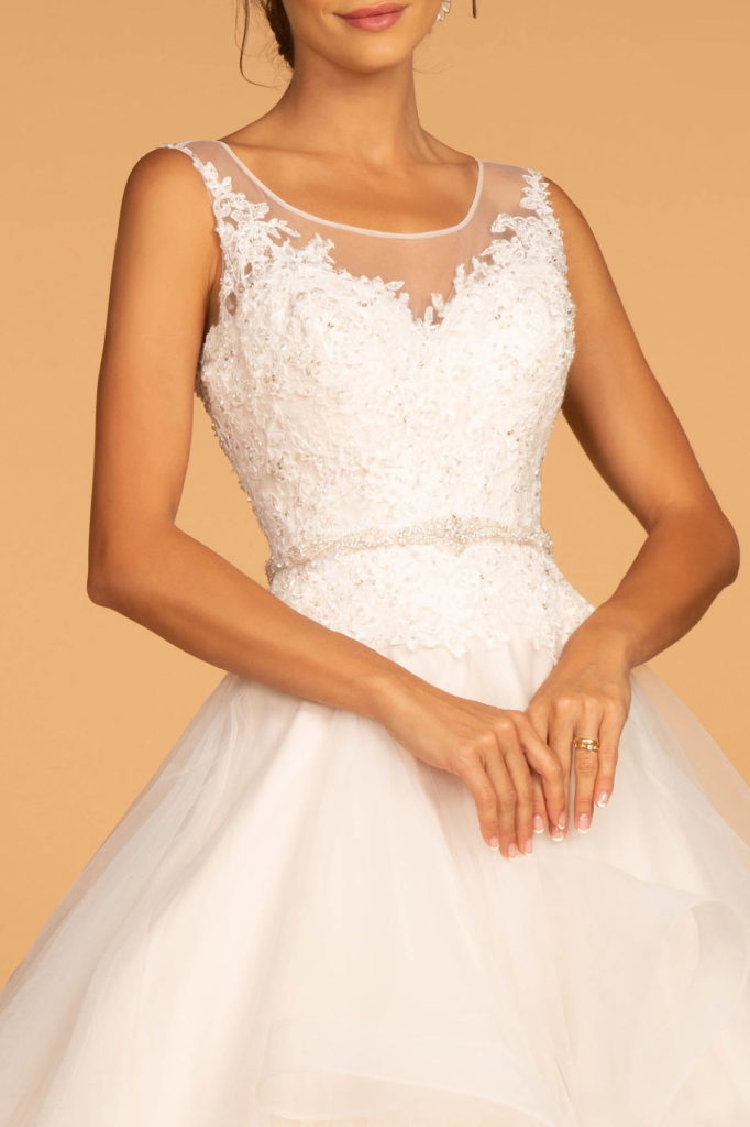 Embroidered Bodice Layered Hem Tulle Wedding Gown-3