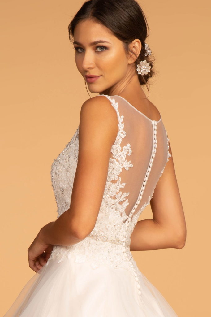 Embroidered Bodice Layered Hem Tulle Wedding Gown-4