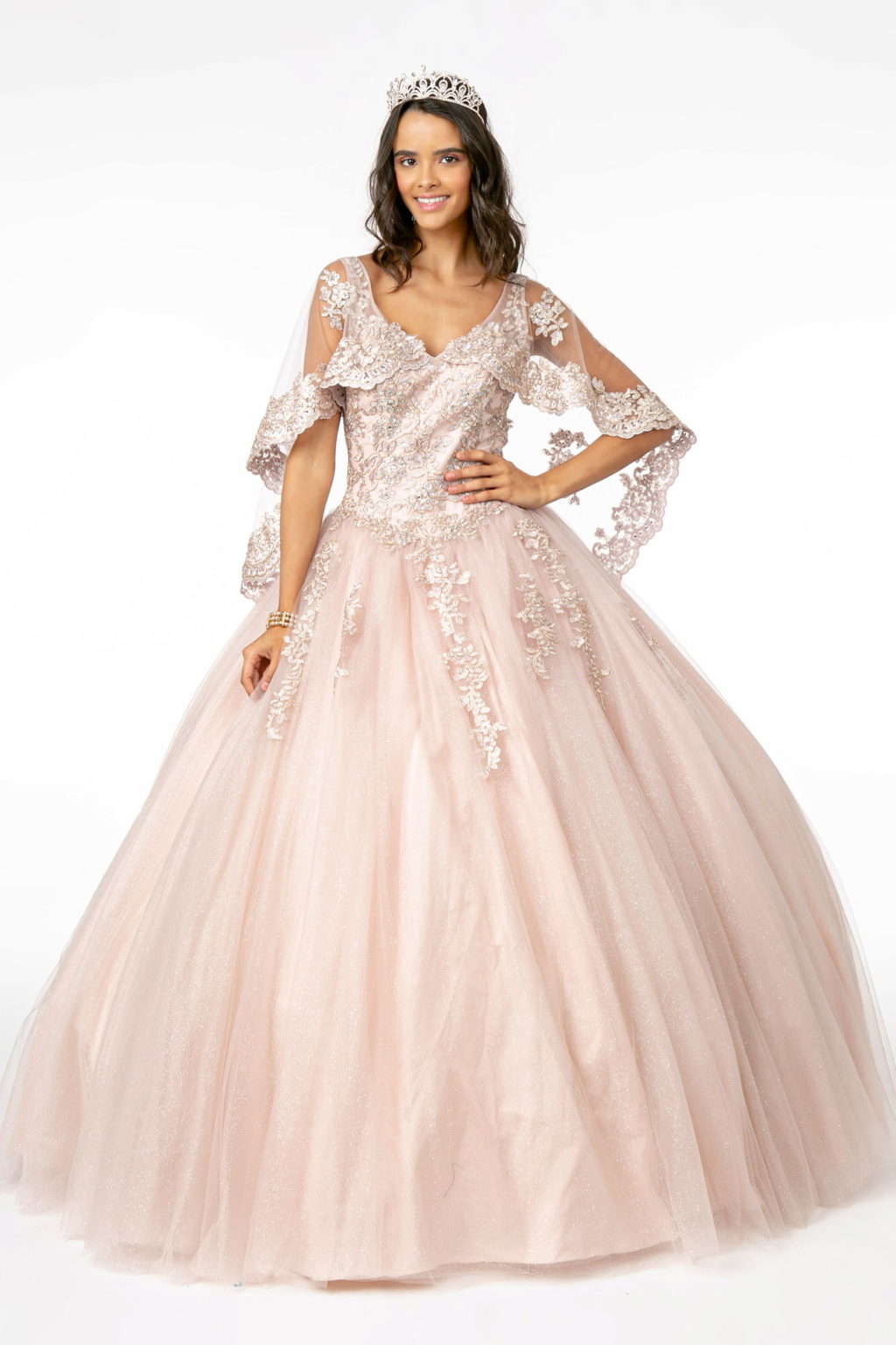 V-Neck Glitter Mesh Ball Gown w/ Cape Sleeve-1