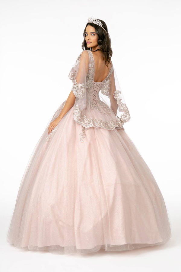 V-Neck Glitter Mesh Ball Gown w/ Cape Sleeve-2