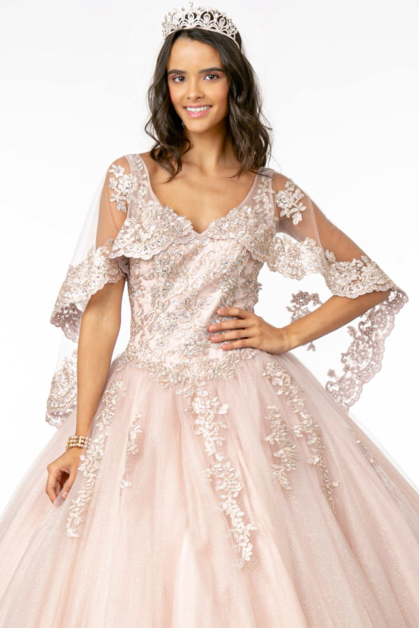 V-Neck Glitter Mesh Ball Gown w/ Cape Sleeve-3