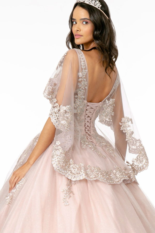 V-Neck Glitter Mesh Ball Gown w/ Cape Sleeve-4