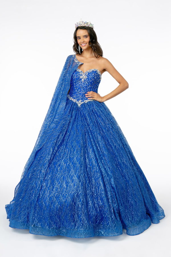 Jewel Embellished Bodice Glitter Mesh Ball Gown w/ Glitter Mesh Cape-2