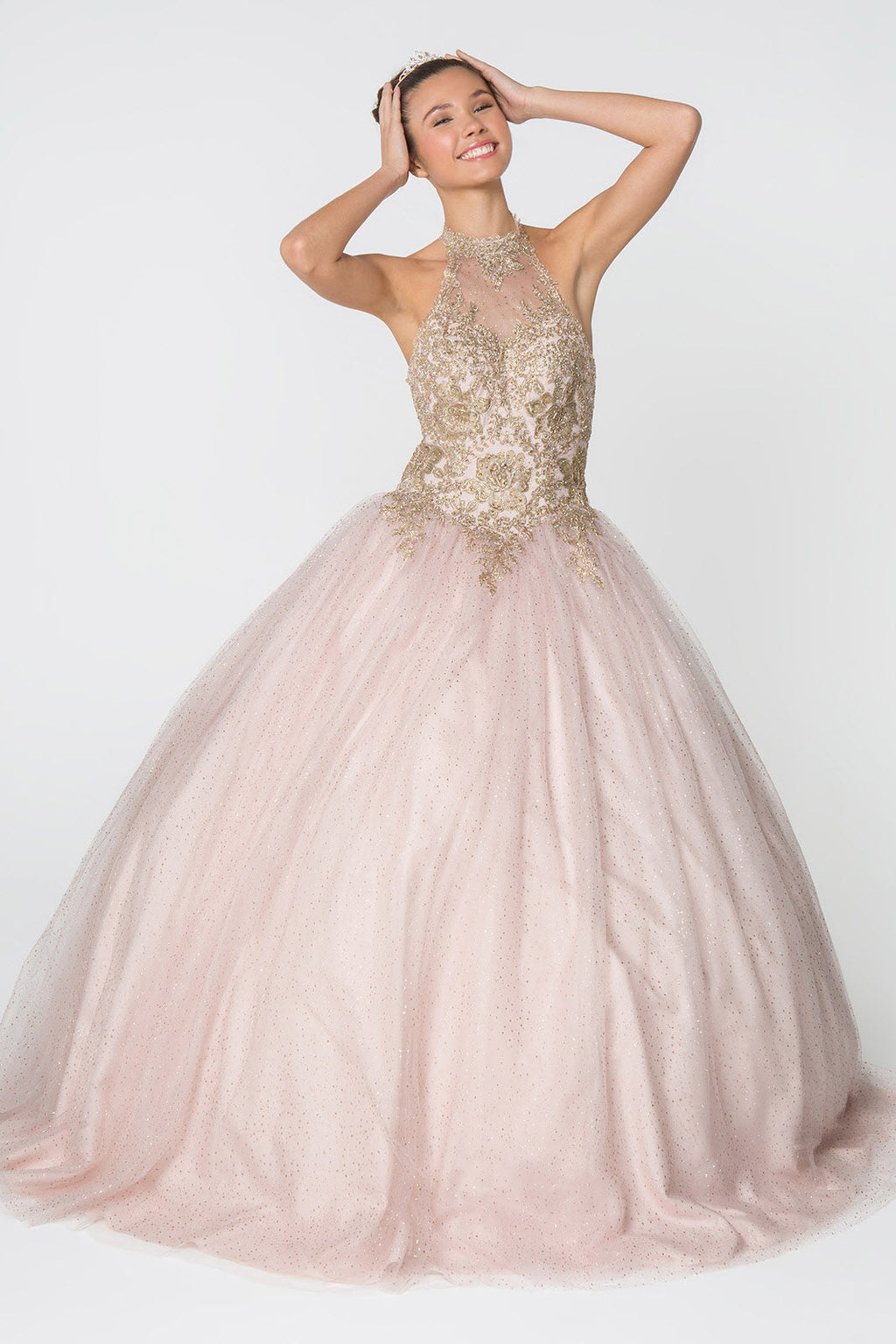 Embroidery and Jewel Embellished Halter Neck Glitter Mesh Ball Gown-1