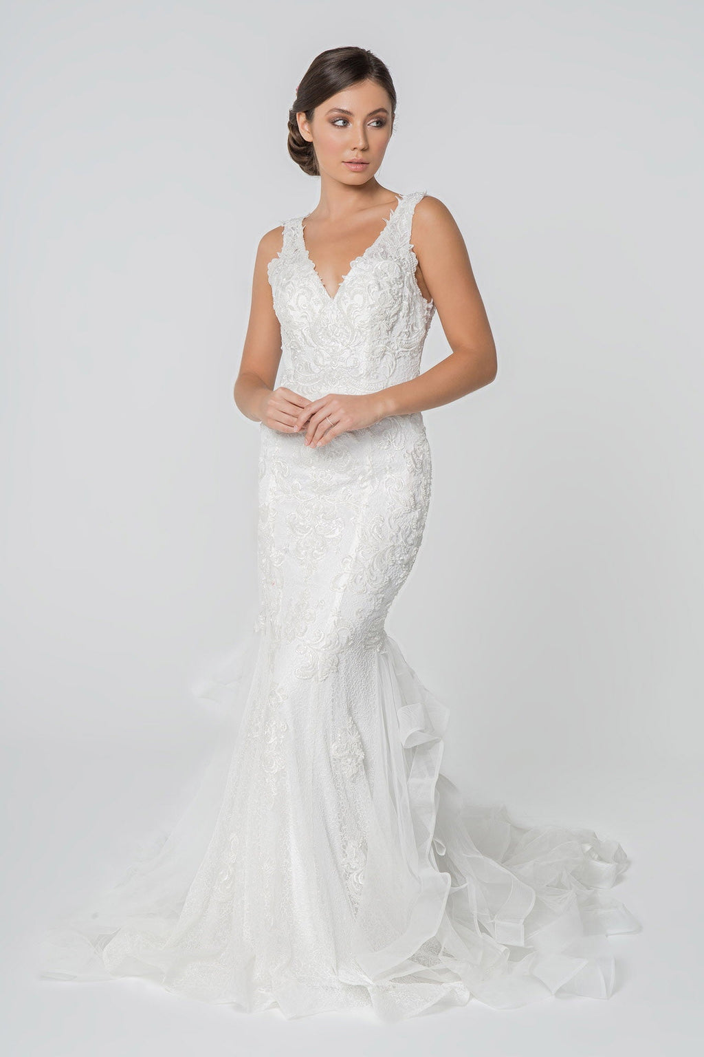 Embroidered V-Neck Sleeveless Mermaid Wedding Gown-1