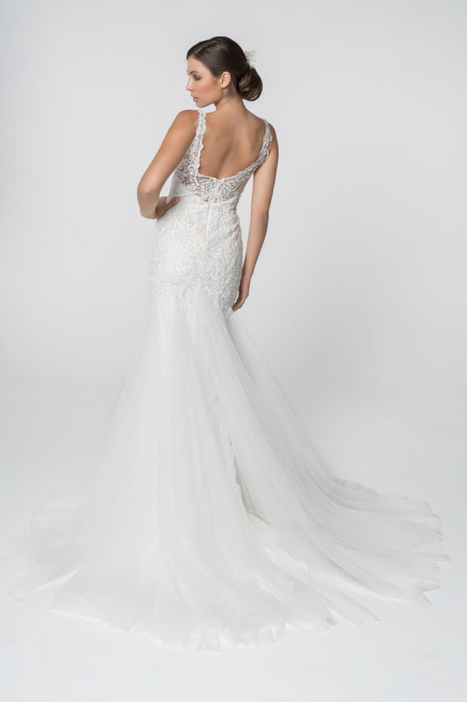 Embroidered Bodice V-Neck Mermaid Wedding Gown w/ Mesh Tail-2