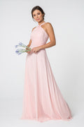 High-Neck Chiffon Ruched-Bodice A-Line Long Dress-0