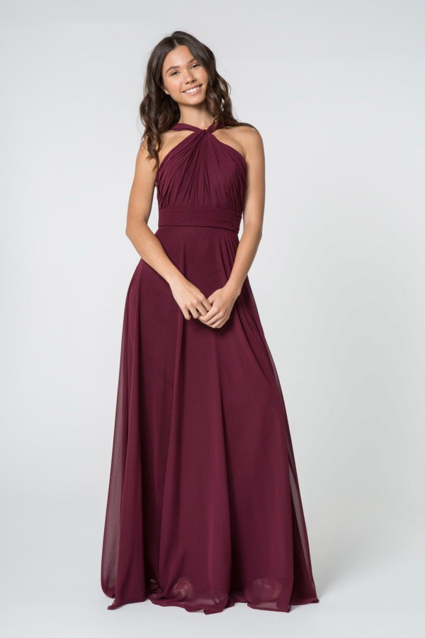 High-Neck Chiffon Ruched-Bodice A-Line Long Dress-1