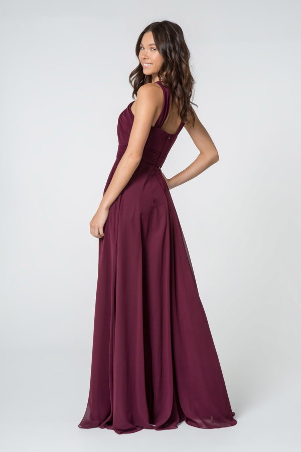 High-Neck Chiffon Ruched-Bodice A-Line Long Dress-6