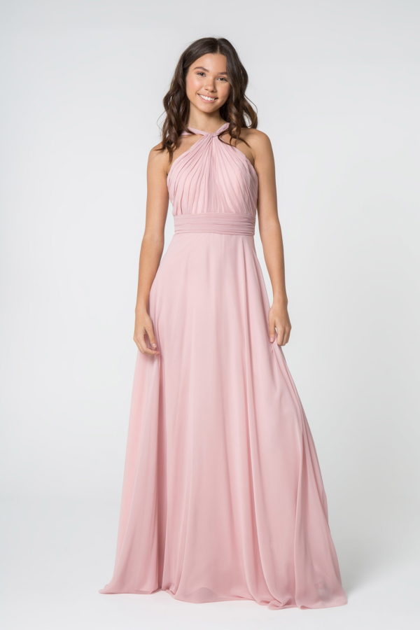 High-Neck Chiffon Ruched-Bodice A-Line Long Dress-3