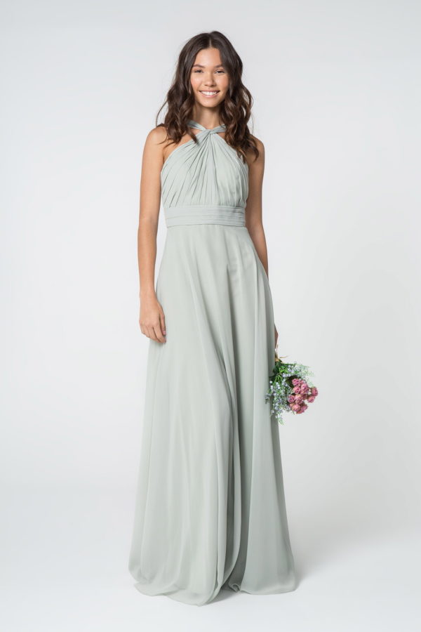 High-Neck Chiffon Ruched-Bodice A-Line Long Dress-2