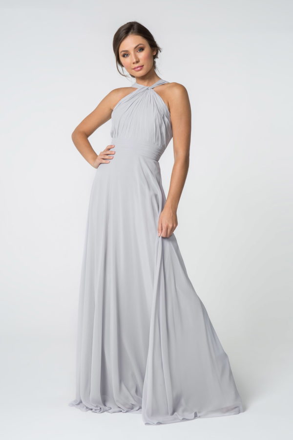 High-Neck Chiffon Ruched-Bodice A-Line Long Dress-4