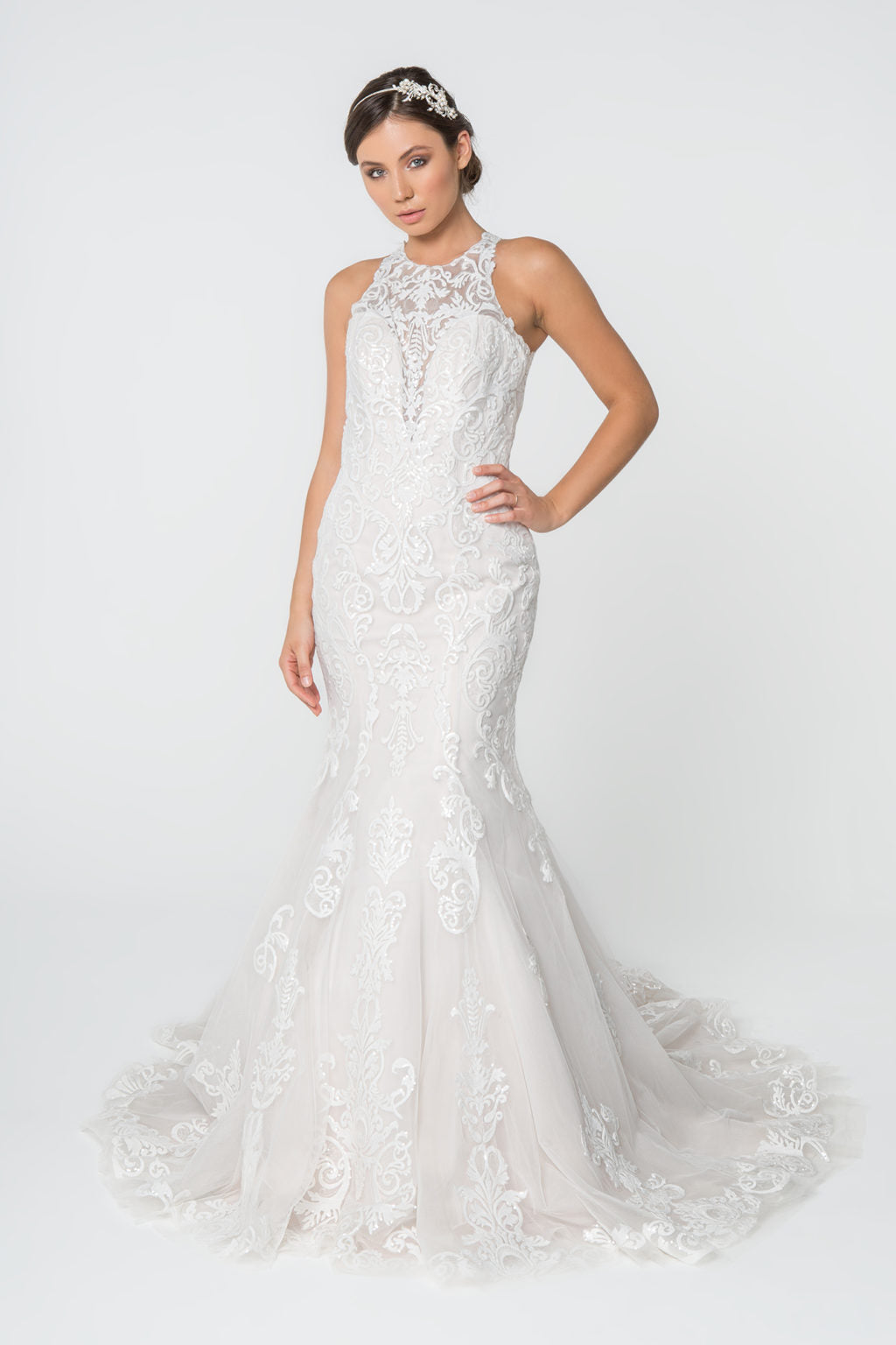 Lace Embellished Mesh Wedding Gown w/ Sheer Back-1