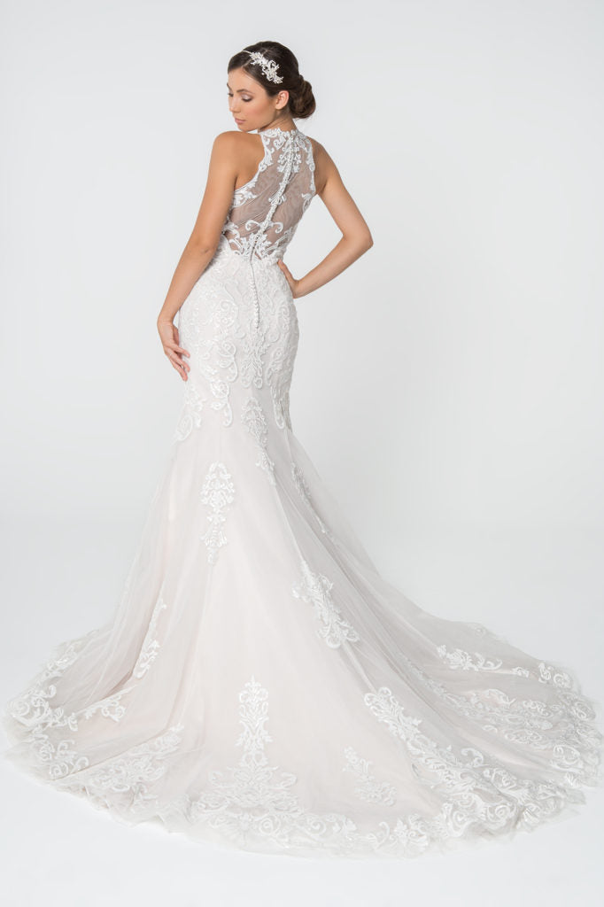 Lace Embellished Mesh Wedding Gown w/ Sheer Back-2