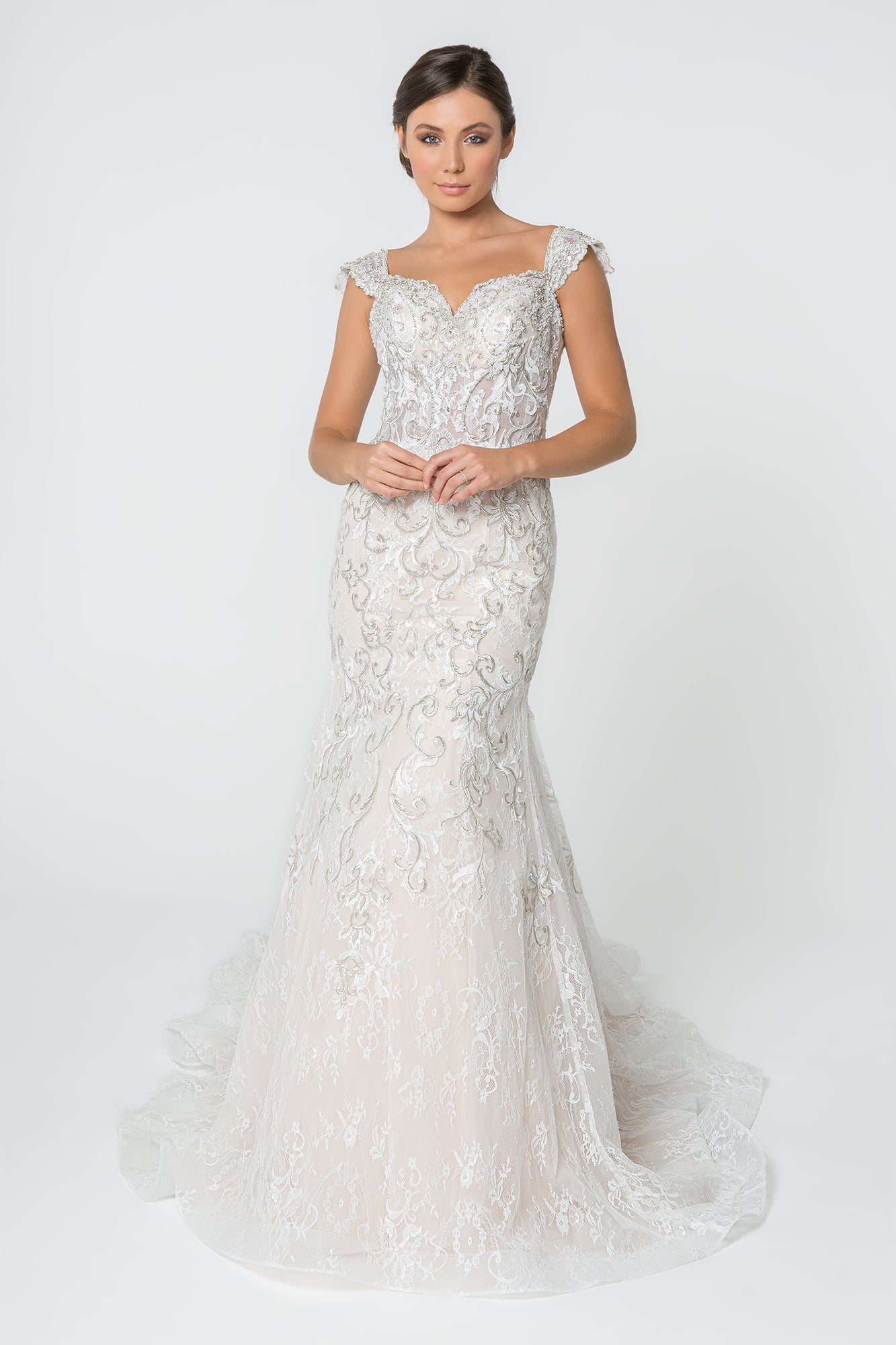 Jewel and Embroidery Embellished Mesh Wedding Gown-1