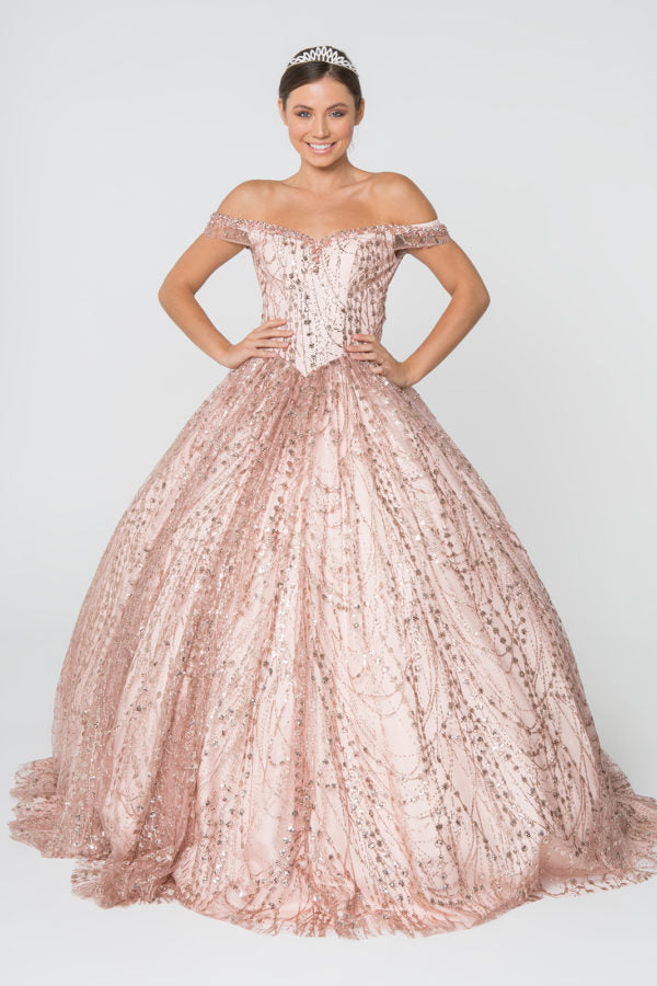 Sweetheart Neck Cut-Away Shoulder Glitter Mesh Ball Gown-3