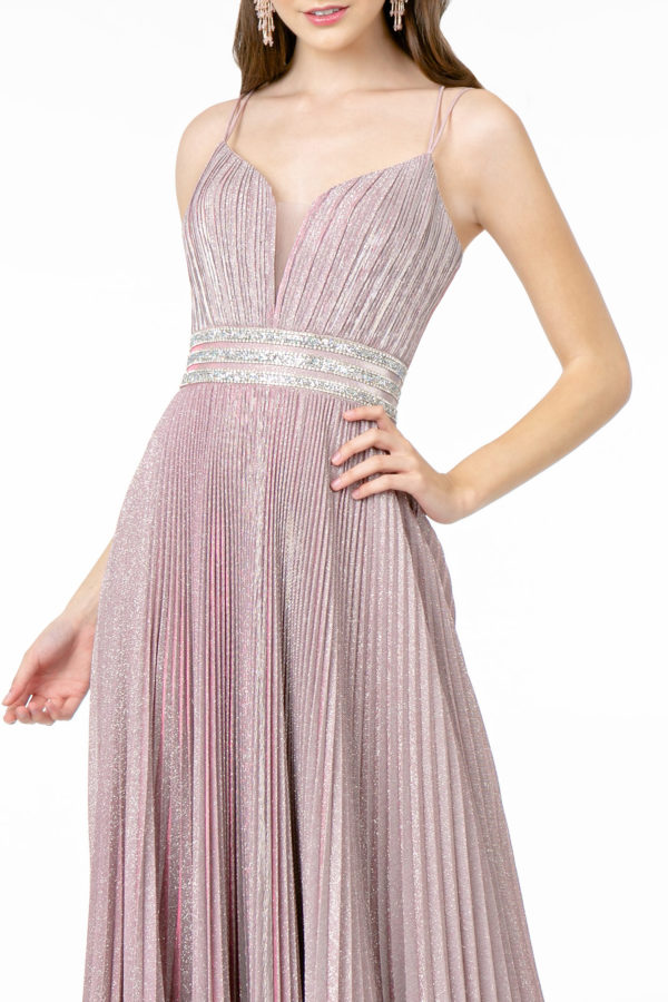 Illusion Deep V-Neck A-Line Pleated Long Dress with Metallic Glitter Finish-2