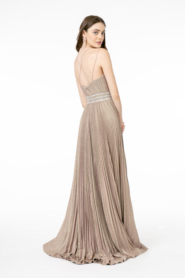 Illusion Deep V-Neck A-Line Pleated Long Dress with Metallic Glitter Finish-3