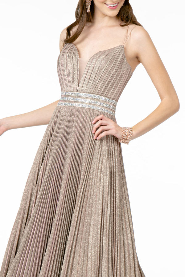 Illusion Deep V-Neck A-Line Pleated Long Dress with Metallic Glitter Finish-4