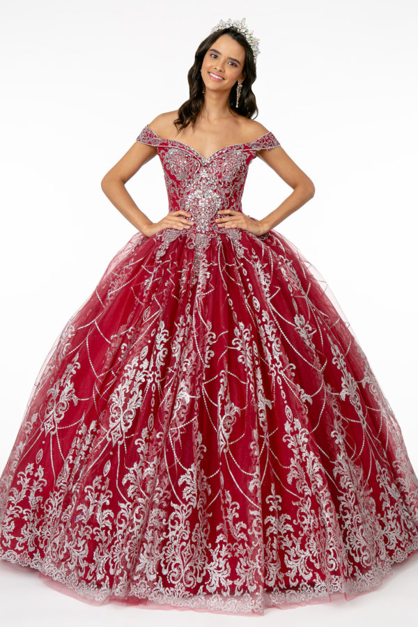 Cut-Away Shoulder Glitter Mesh Quinceanera Dress-3