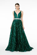 Jewel Accented Waist Glitter Long A-line Silhouette Dress from GLS by Gloria-0