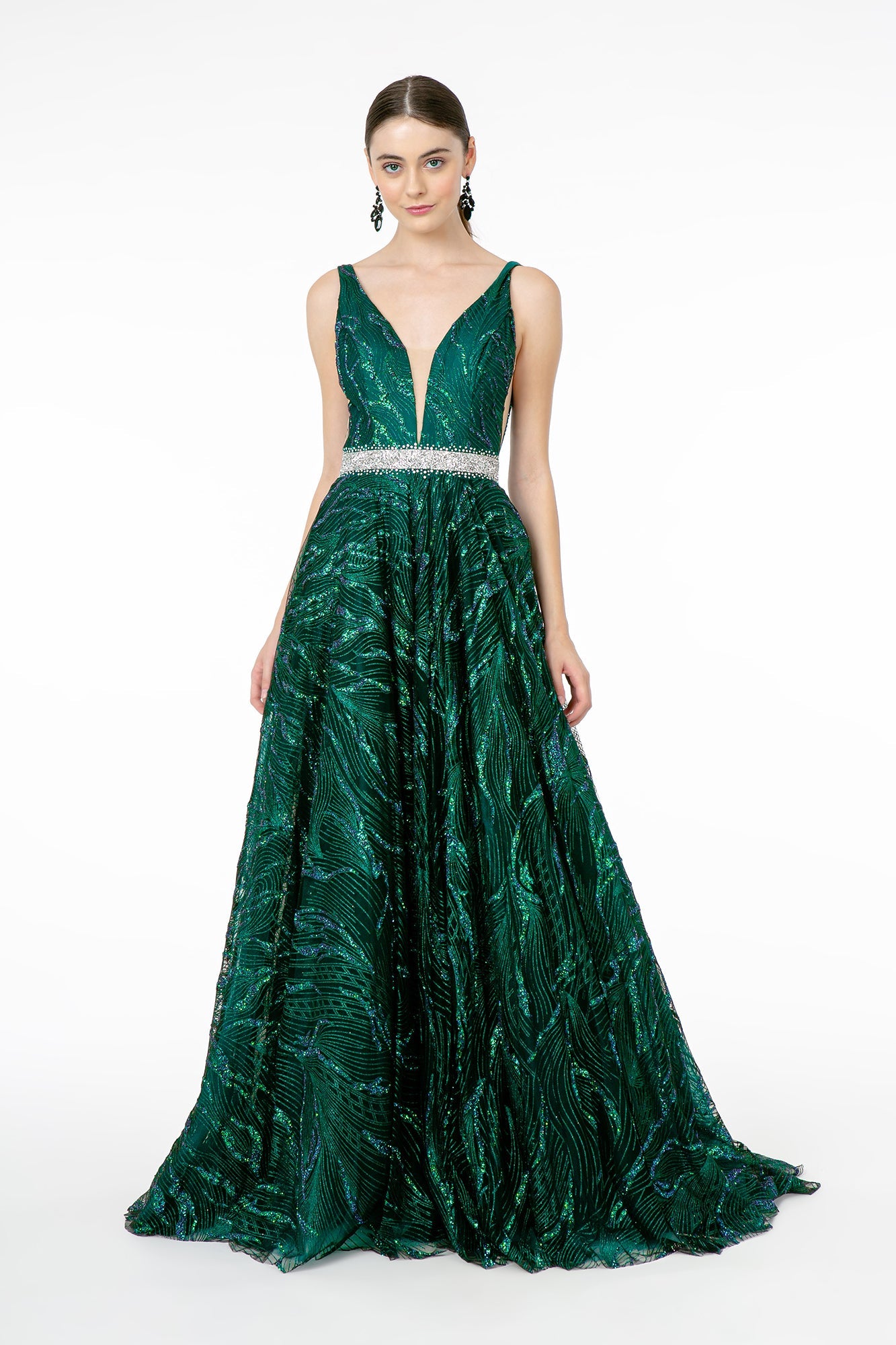 Jewel Accented Waist Glitter Long A-line Silhouette Dress from GLS by Gloria-0