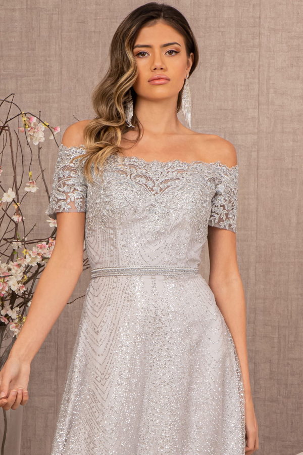 Glitter Print Mesh Cut-Away Shoulder A-Line Dress-3