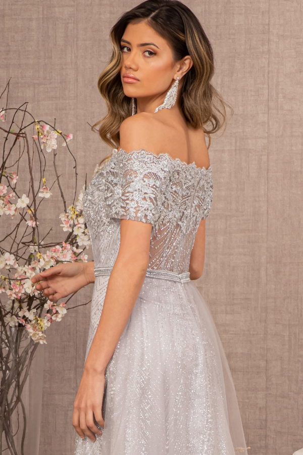 Glitter Print Mesh Cut-Away Shoulder A-Line Dress-4