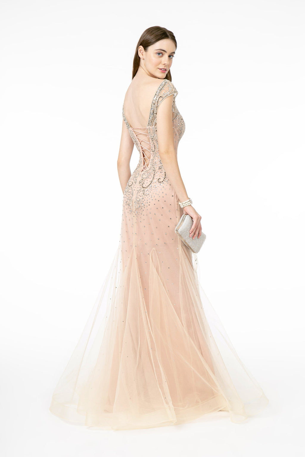 Jewel & Beads Embellished Scoop Neck Mesh Mermaid Dress-1