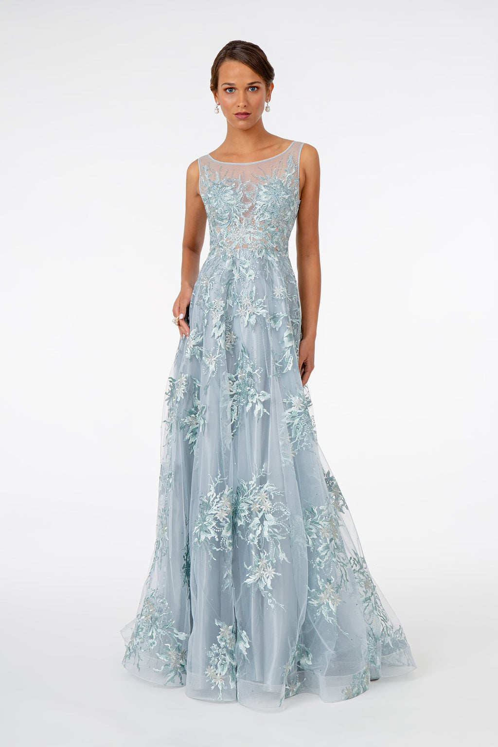 Embroidered Mesh A-Line Long Dress-1