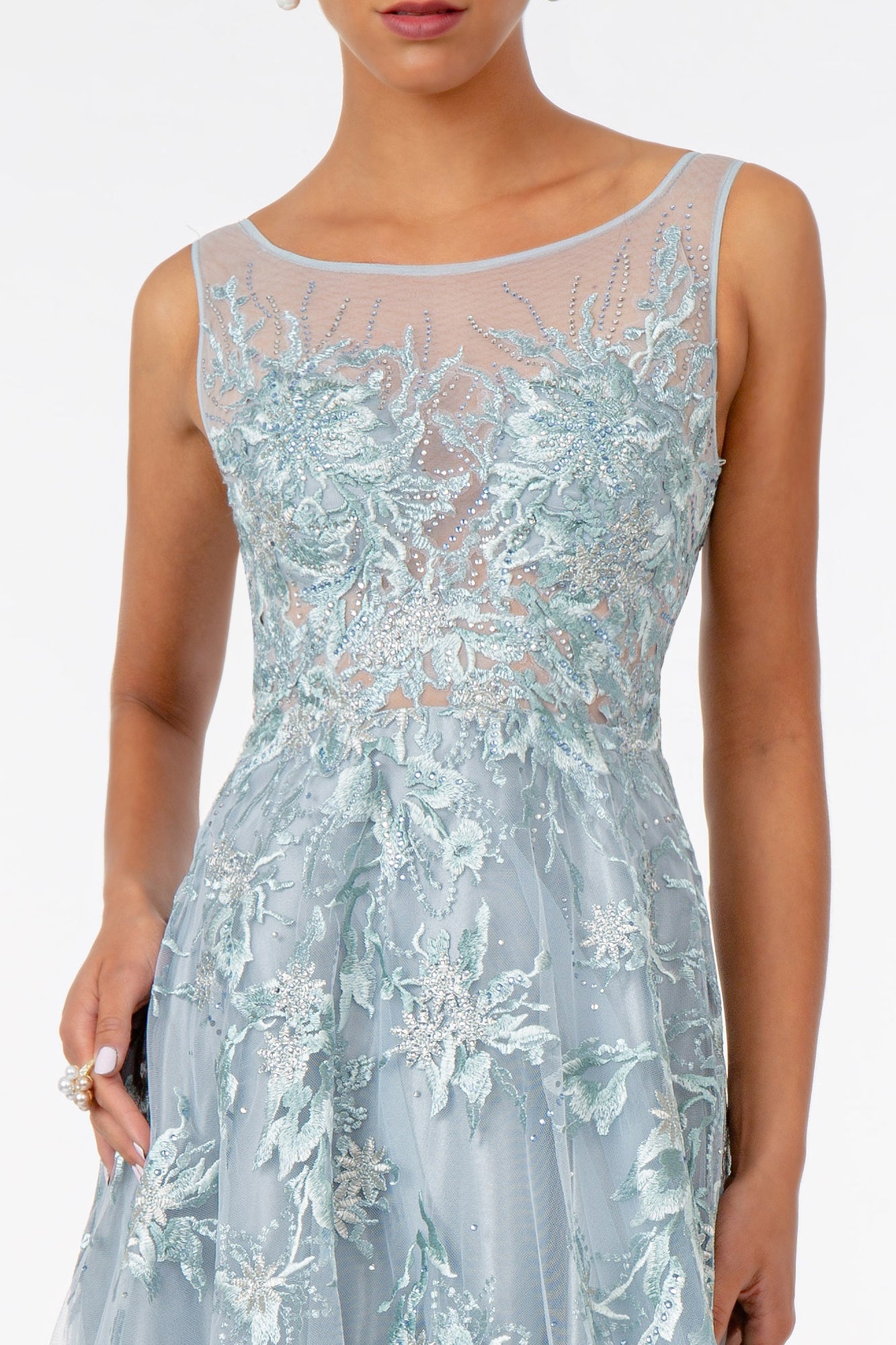Embroidered Mesh A-Line Long Dress-3