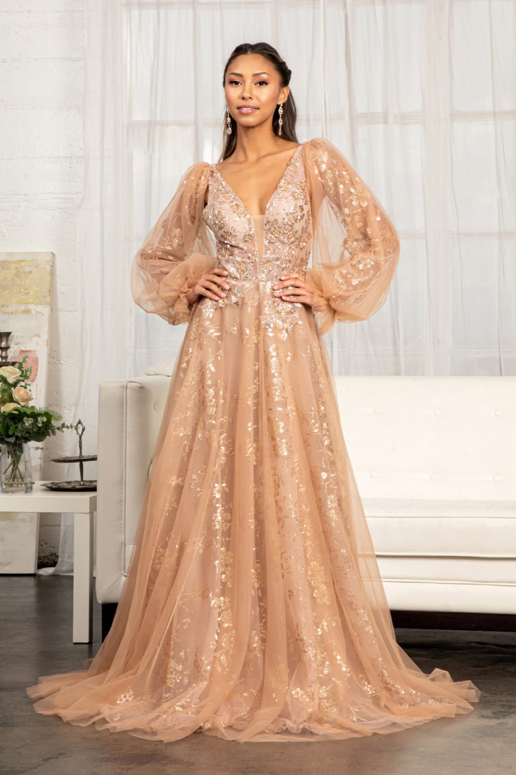 Sheer Bodice Sequin and Glitter Embellished A-Line Prom Dress-1