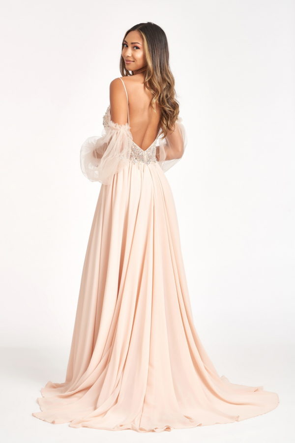 Detachable Mesh Sleeve V-Neck Chiffon Prom Dress-3